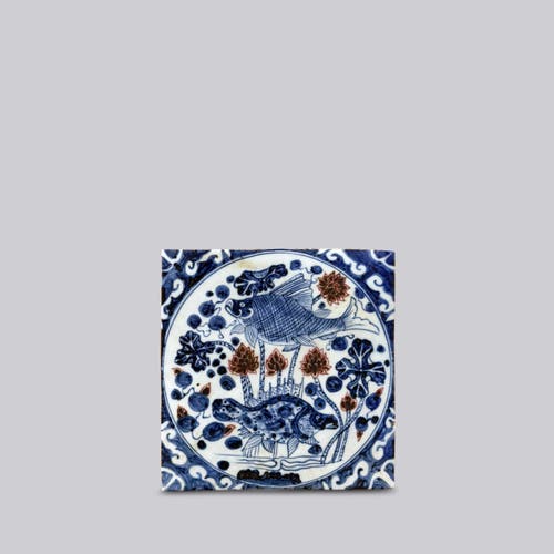 Cobalt Guild Hand Painted Porcelain Blue And Red Fish And Lotus Tile In Blue