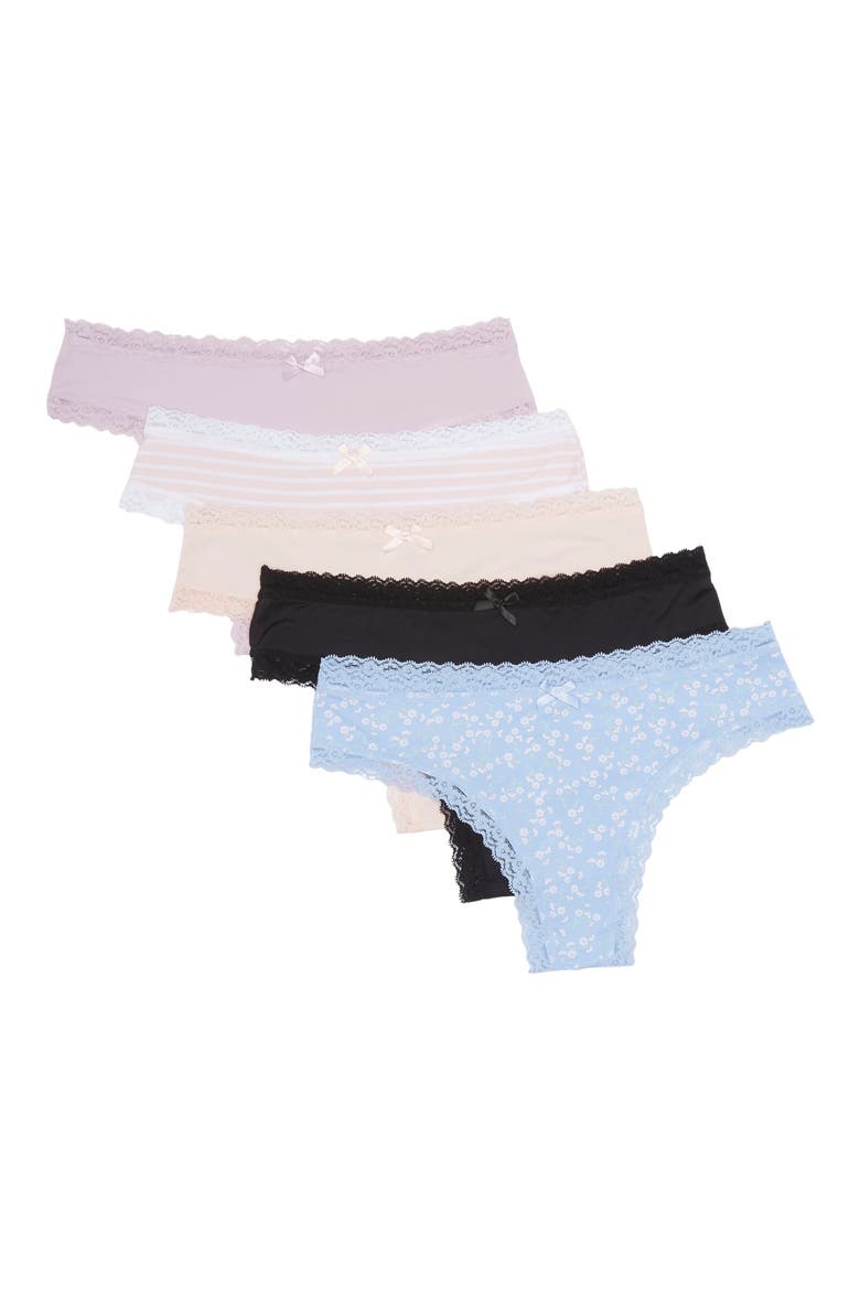 Petra Mid Rise Thong Underwear - Pack of 5, Main, color, CD/IMPR/POPS/PO/BLK