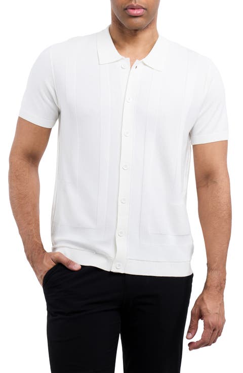 Textured Short Sleeve Button-Up Sweater