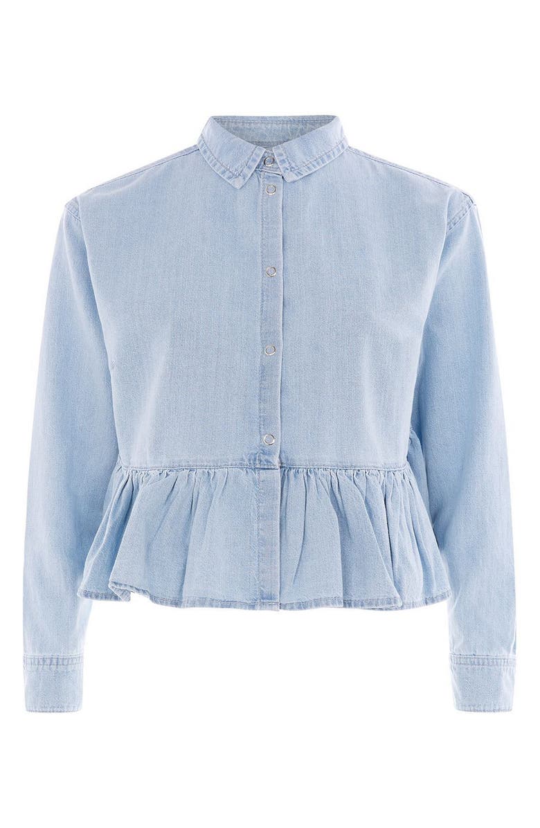 Topshop Ruffle Hem Denim Shirt, Alternate, color, 