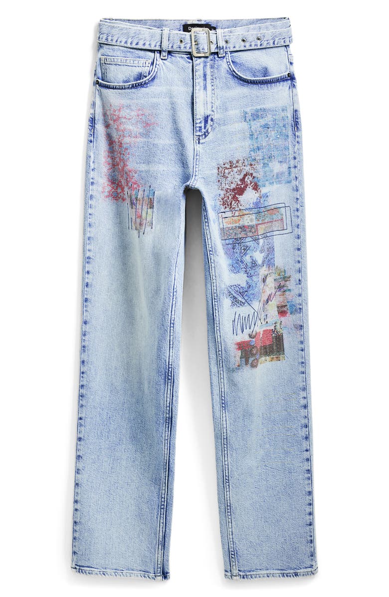 Desigual Graphic Detail Straight Leg Jeans, Alternate, color, Medium Blue
