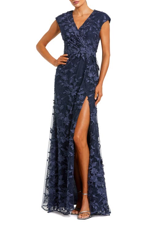 Faux Wrap Embroidered Cap Sleeve Gown