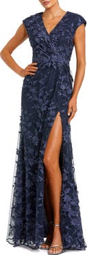 Mac Duggal Faux Wrap Embroidered Cap Sleeve Gown