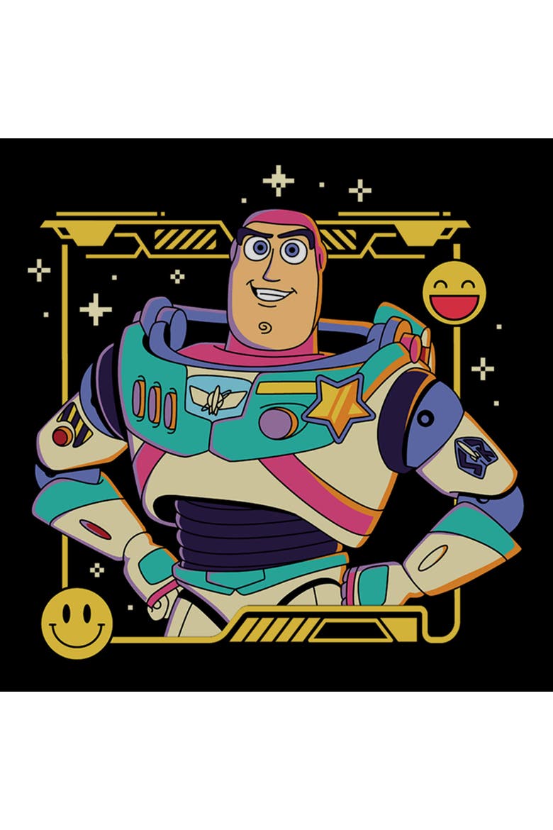 Junior's Toy Story 5 Buzz Smile Emoticon  Graphic T-Shirt, Alternate, color, Black