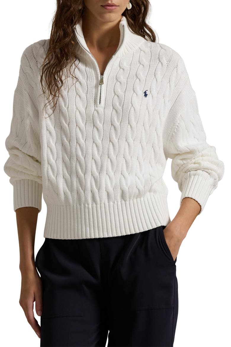 Cable Knit Cotton Polo Sweater, Main, color, WHITE