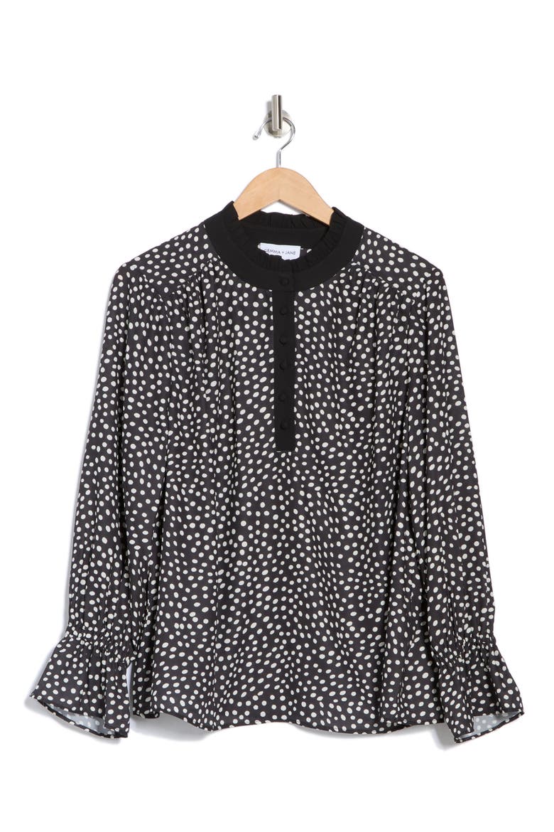 Ruffle Long Sleeve Top, Alternate, color, BLACK/ WHITE DOT