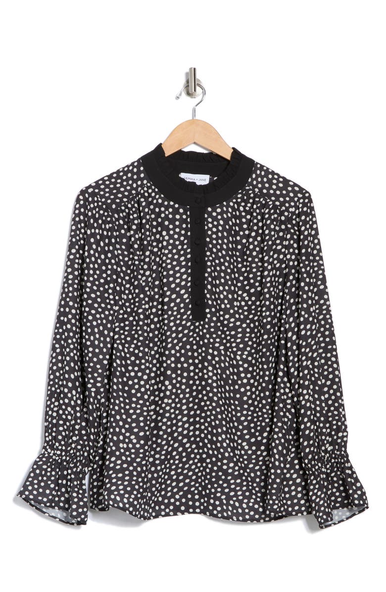 Gemma + Jane Ruffle Long Sleeve Top, Alternate, color, Black/ White Dot