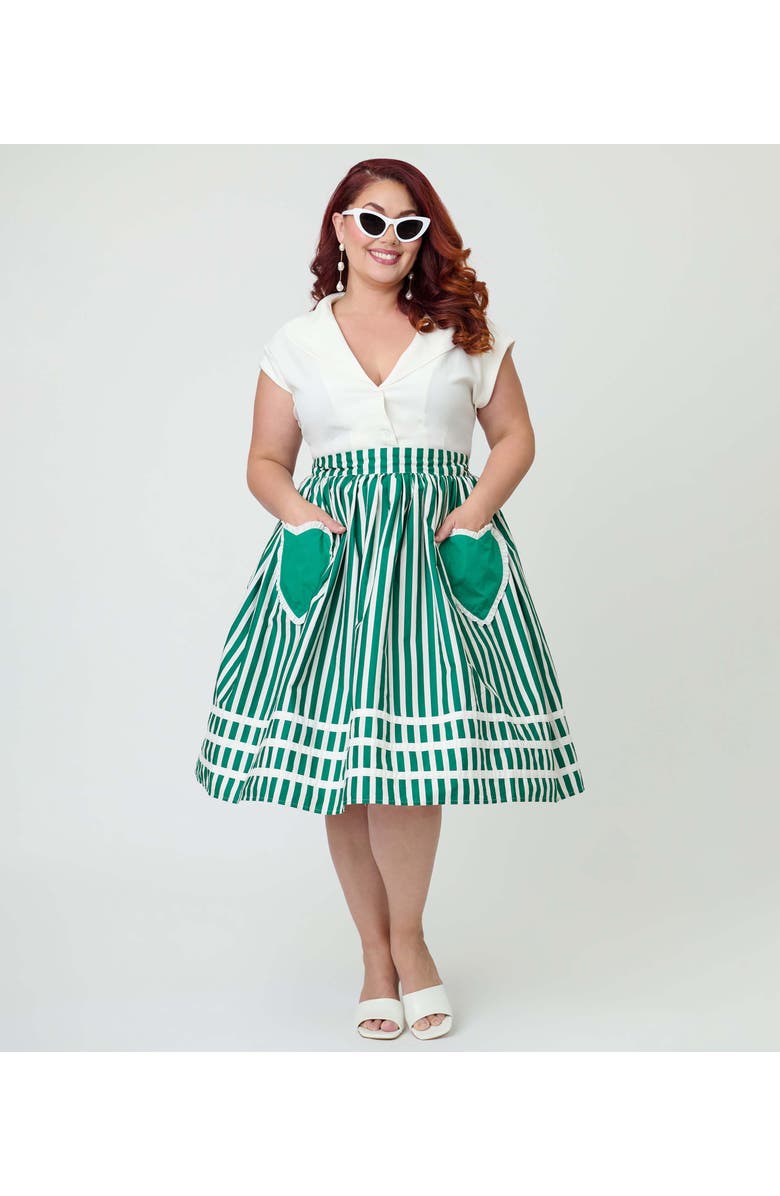 Unique Vintage Plus Size Front Pocket Swing Skirt, Main, color, Green & White Stripe