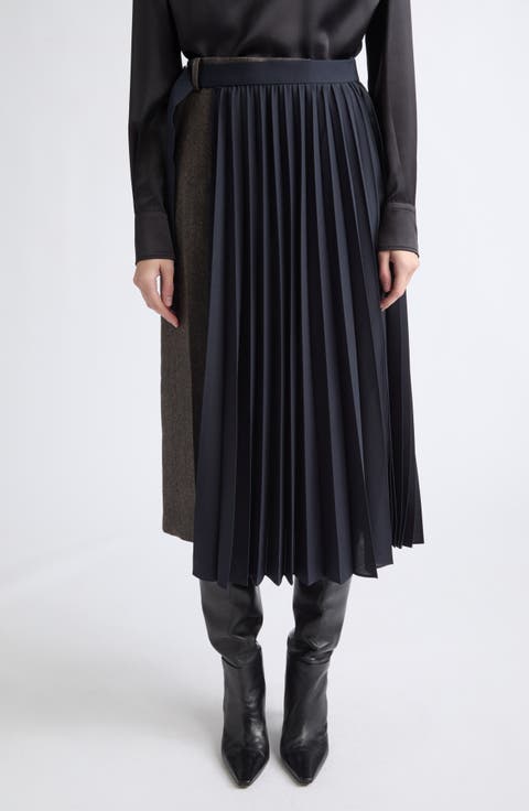 Herringbone & Pleated Midi Skirt