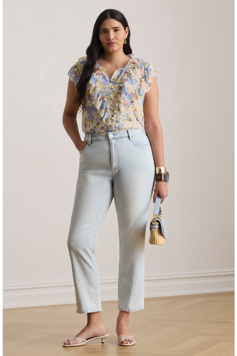 Floral Print Ruffle Trim Button-Up Top, Alternate, color, BLUE/ MULTI
