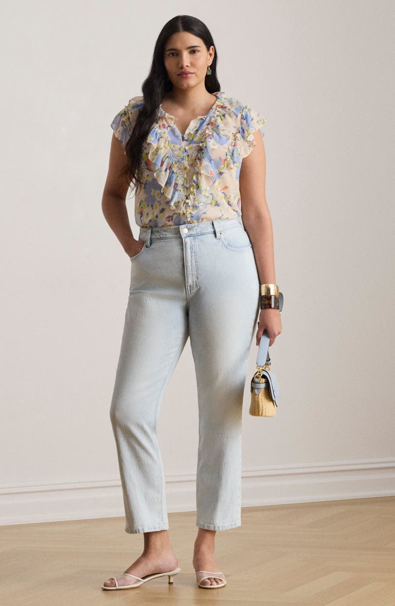 Lauren Ralph Lauren Floral Print Ruffle Trim Button-Up Top, Alternate, color, Blue/ Multi