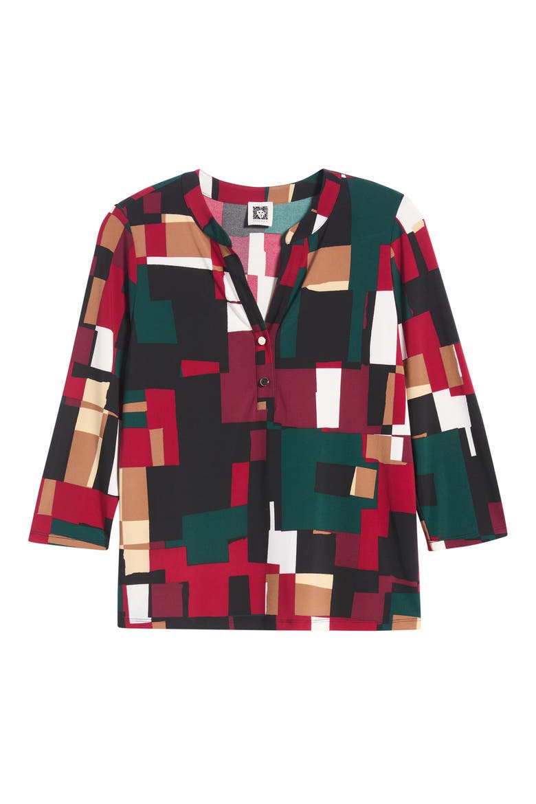 Split Neck Three-Quarter Sleeve Henley Top, Alternate, color, ANNE BLACK MULTI
