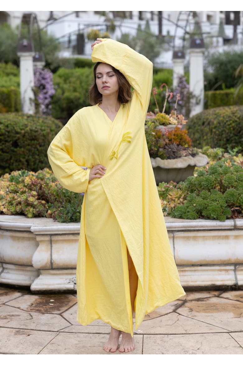 Palm Embroidered Silk Kaftan, Alternate, color, Yellow