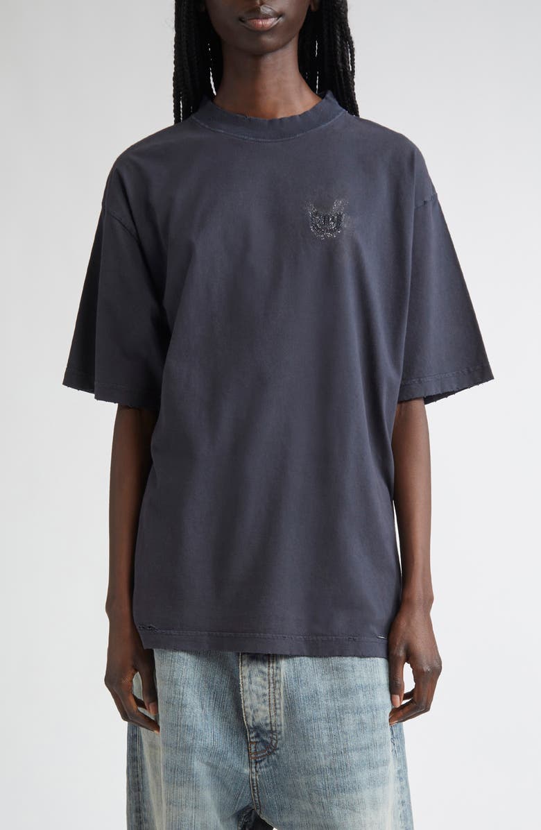 Balenciaga Medium Fit Nail Polish Distressed Logo Graphic T-Shirt, Main, color, 1041 Faded Washed Black