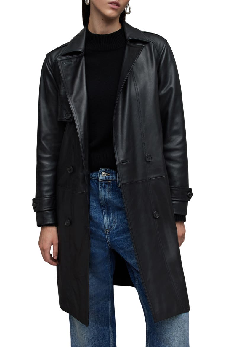 Okena Leather Trench Coat, Alternate, color, BLACK