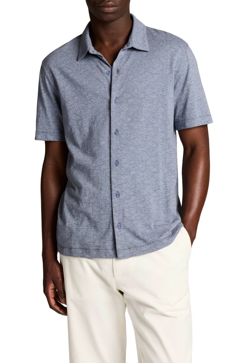 Leaf Print Short Sleeve Slub Cotton Button-Up Shirt, Main, color, HAWK BLUE/ LIGHT HAWK BLUE