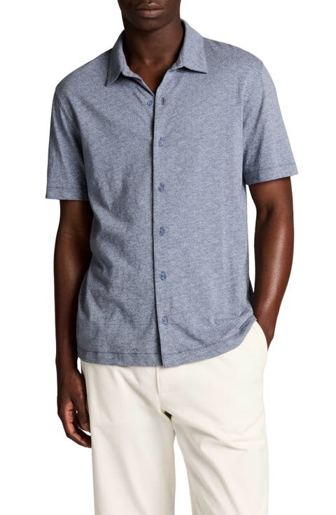 Leaf Print Short Sleeve Slub Cotton Button-Up Shirt