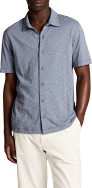 Vince Leaf Print Short Sleeve Slub Cotton Button-Up Shirt