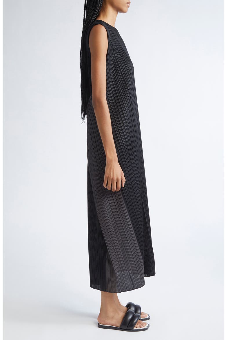 Pointe Pleated Asymmetric Sleeveless Midi Dress, Alternate, color, BLACK