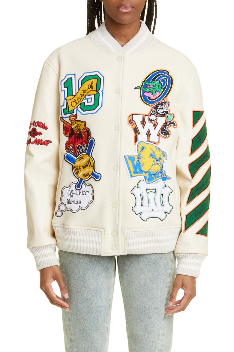 Embroidered Slogan Patch Wool Blend Varsity Jacket, Main, color, WHITE MULTICOLOR