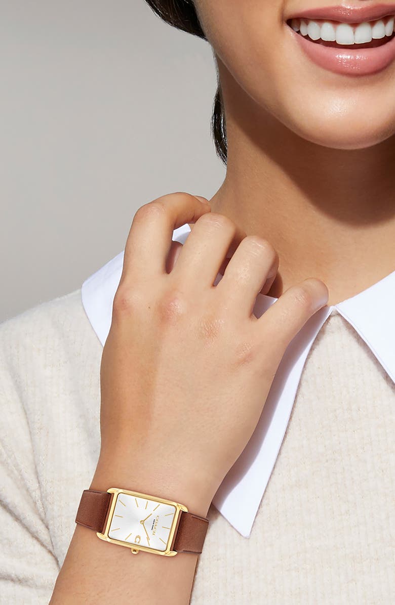 COACH Elliot Leather Strap Watch, 32mm x 36mm, Alternate, color, Silver Face/Brown