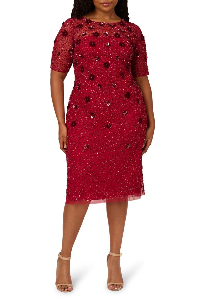 3D Floral Sequin Beaded Cocktail Dress, Main, color, CRANBERRY