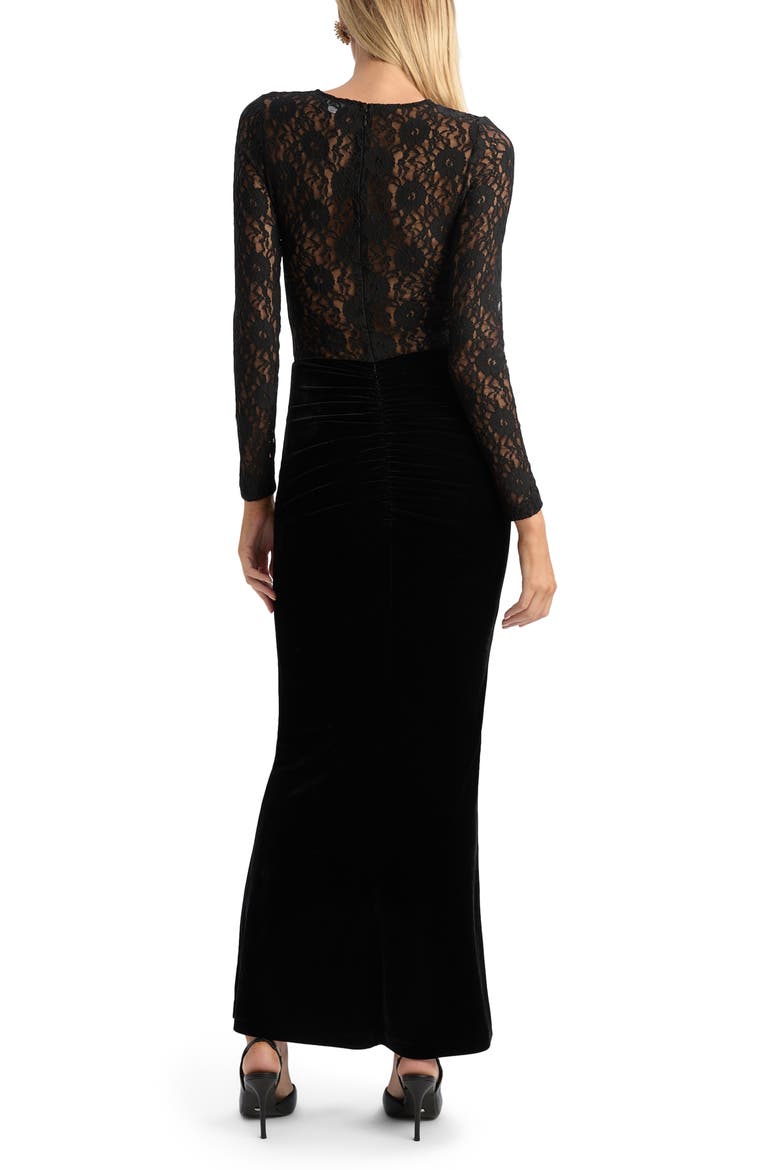 Helenie Velour & Lace Long Sleeve Dress, Alternate, color, BLACK