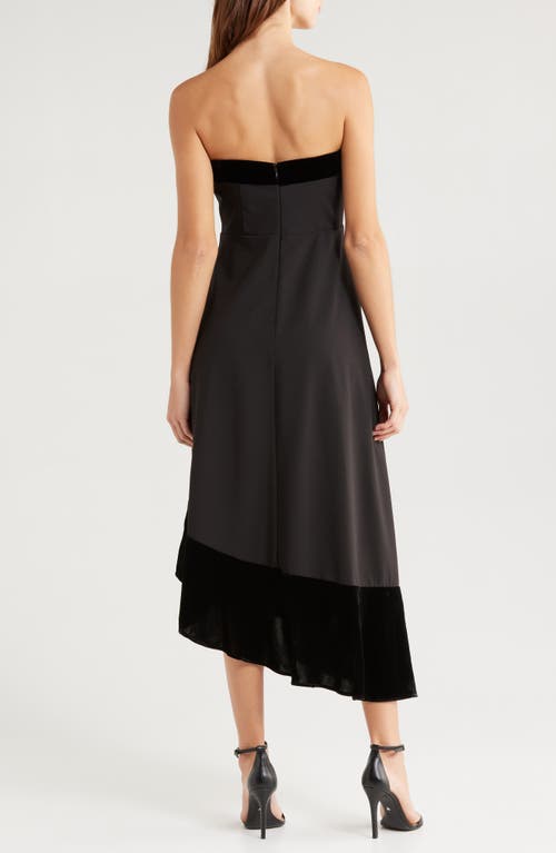 Du Paradis Geneva Mixed Media Strapless Asymmetric Midi Dress In Black