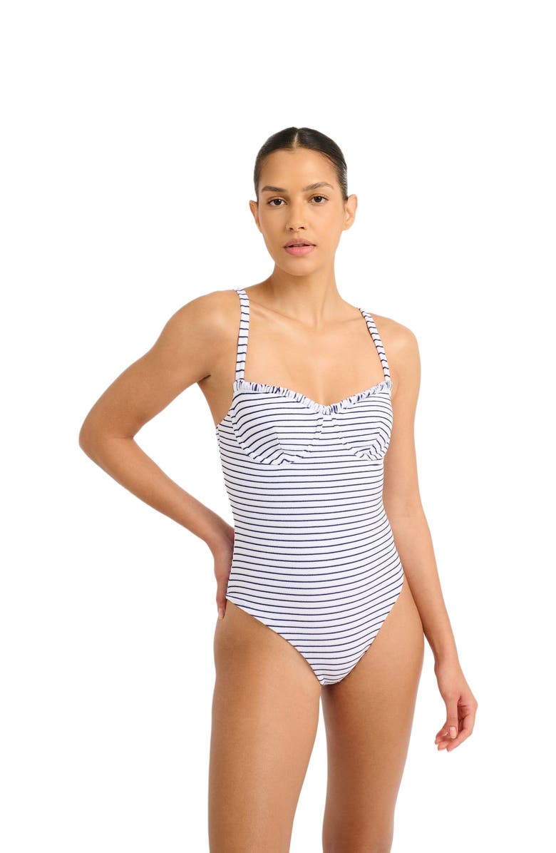 Onia Towel Terry Sailor Stripe Marilyn One Piece, Alternate, color, White/Deep Navy