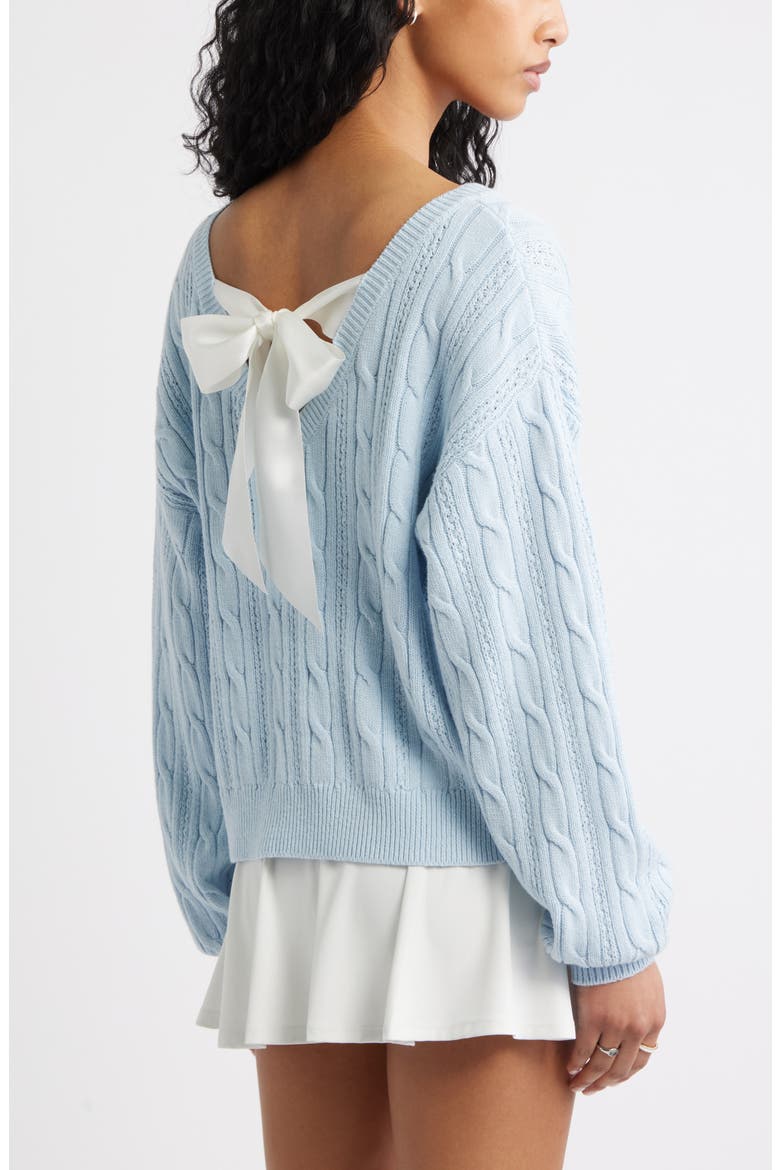 Bow Back Cable Knit Sweater, Alternate, color, BLUE- IVORY SATIN BOW