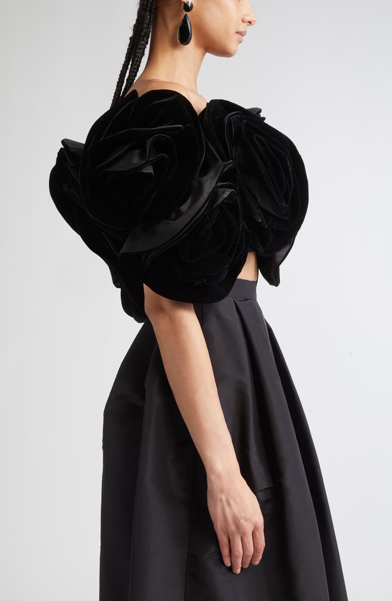Carolina Herrera Draped Flower Velvet Crop Top, Alternate, color, Black