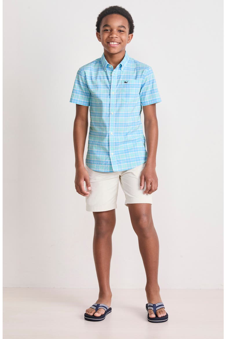 Kids' Plaid Short Sleeve Button-Down Shirt, Alternate, color, SEA SPLASH