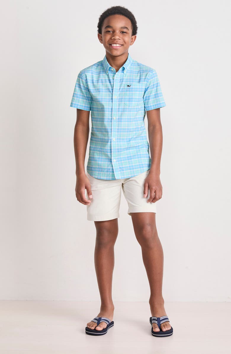 vineyard vines Kids' Plaid Short Sleeve Button-Down Shirt, Alternate, color, Sea Splash