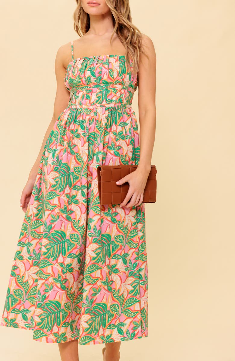 FLYING TOMATO Pleated Fit & Flare Midi Dress, Alternate, color, Pink Green