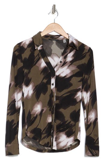 T Tahari Print Long Sleeve Knit Button-up Shirt In Olive Blurred Floral
