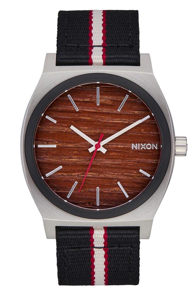 Time Teller Leather Strap Watch, 37mm, Main, color, SILVER/ ROSEWOOD/ BLACK STRIPE