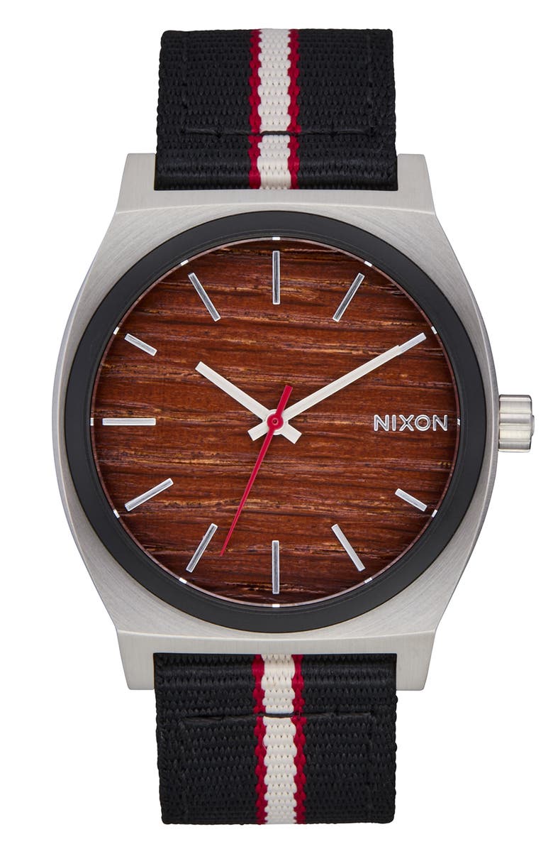 Nixon Time Teller Leather Strap Watch, 37mm, Main, color, Silver/ Rosewood/ Black Stripe