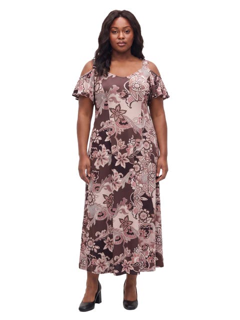 Elevate Curvy V Neck Cold Sholder Ruffle Sleeve Wide A Line Maxi Dress