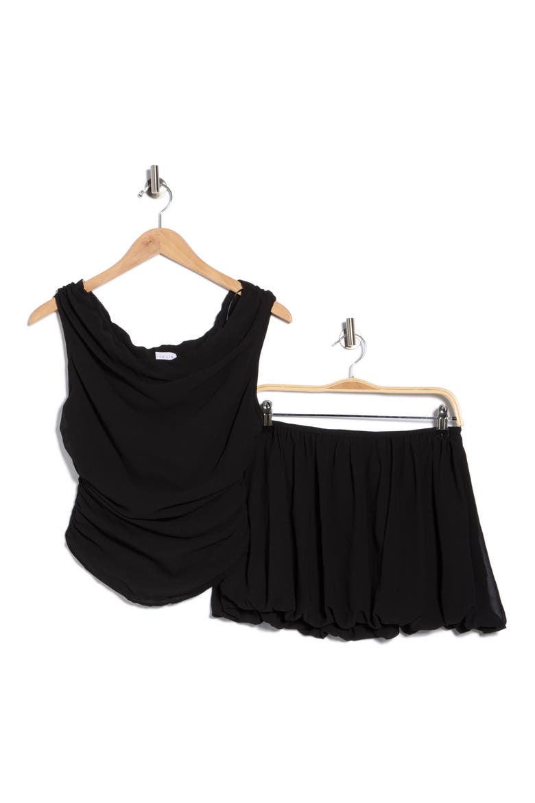 Off the Shoulder Ruched Chiffon Top & Skirt Set, Alternate, color, BLACK