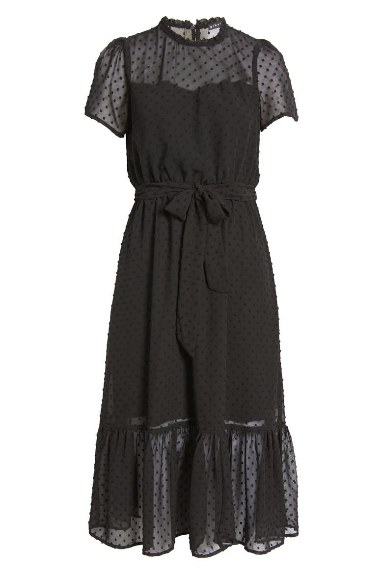 Belted Swiss Dot Midi Dress, Alternate, color, BLACK