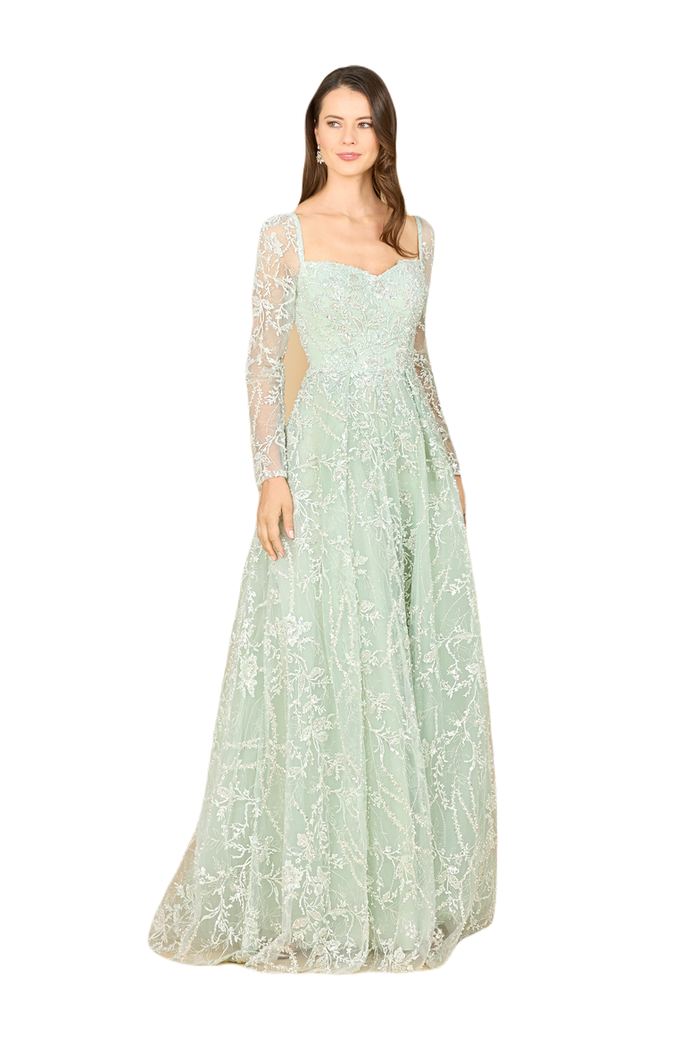 Long Sleeve Beaded Lace Gown, Main, color, DustySage