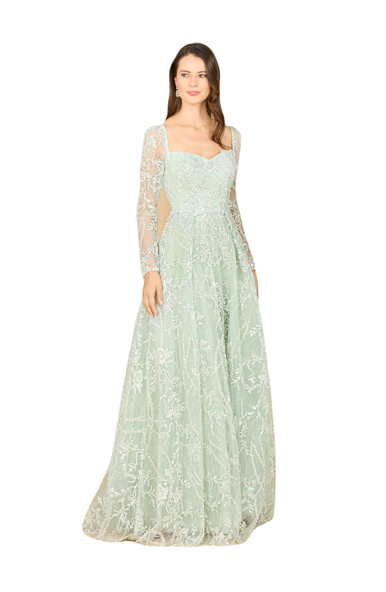 LARA New York Long Sleeve Beaded Lace Gown, Main, color, Dustysage