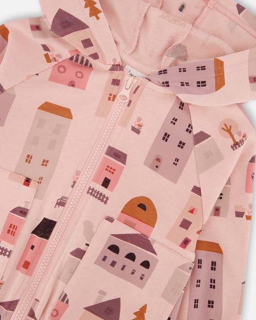 Deux Par Deux Little Girl's Printed French Terry Hoodie Cardigan Pink And Coral Houses In Pink And Coral Houses