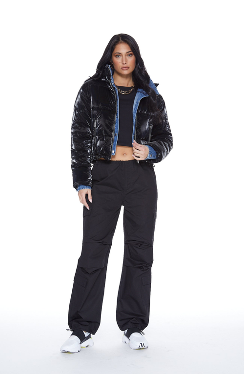 Blue Revival In The Mix Denim Shiny Puffer Jacket In Black/denim