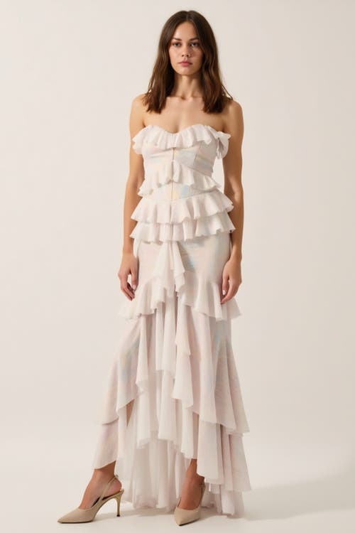 Modenaire Strapless Raw Edge Tiered Ruffle Maxi Dress In White