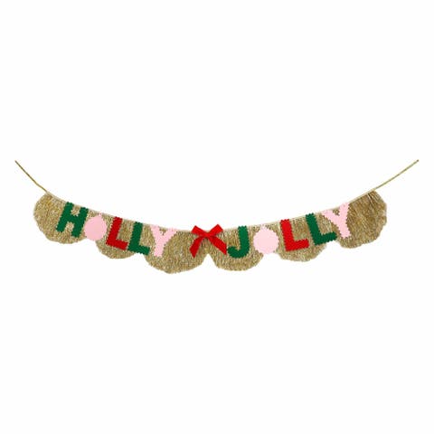Holly Jolly Gold Fringe Reusable Banner - 80-Inch Velveteen Letters on Scalloped Gold Tinsel with Red Velveteen Bow for Holiday Décor