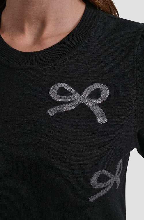 Dkny Sequin Bow Embellished Short Sleeve Cotton Blend Crewneck Sweater In Black