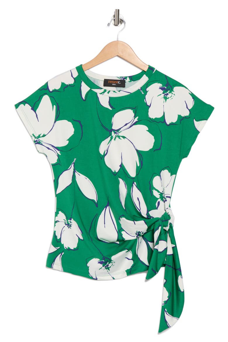 Floral Short Sleeve Knotted Side Top, Alternate, color, GREEN