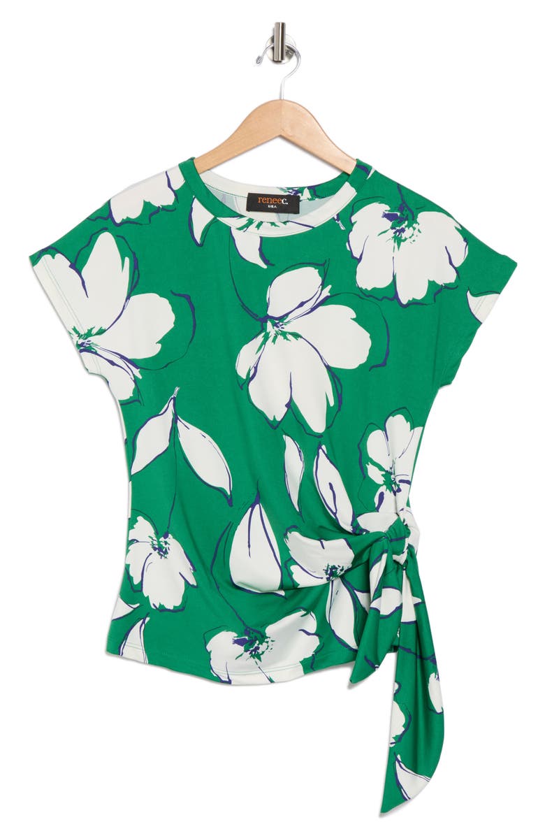 Renee C Floral Short Sleeve Knotted Side Top, Alternate, color, Green