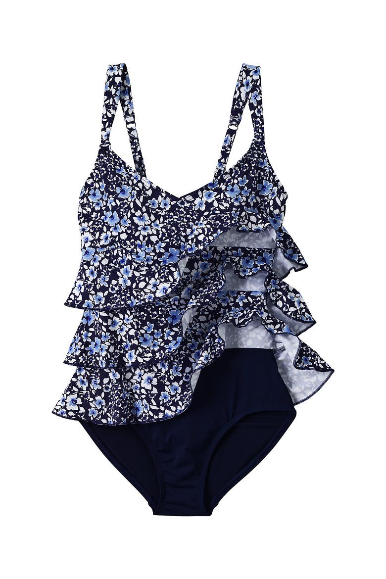 Smoothing Control Ruffle Fauxkini One Piece Swimsuit, Alternate, color, Navy Meadow Floral